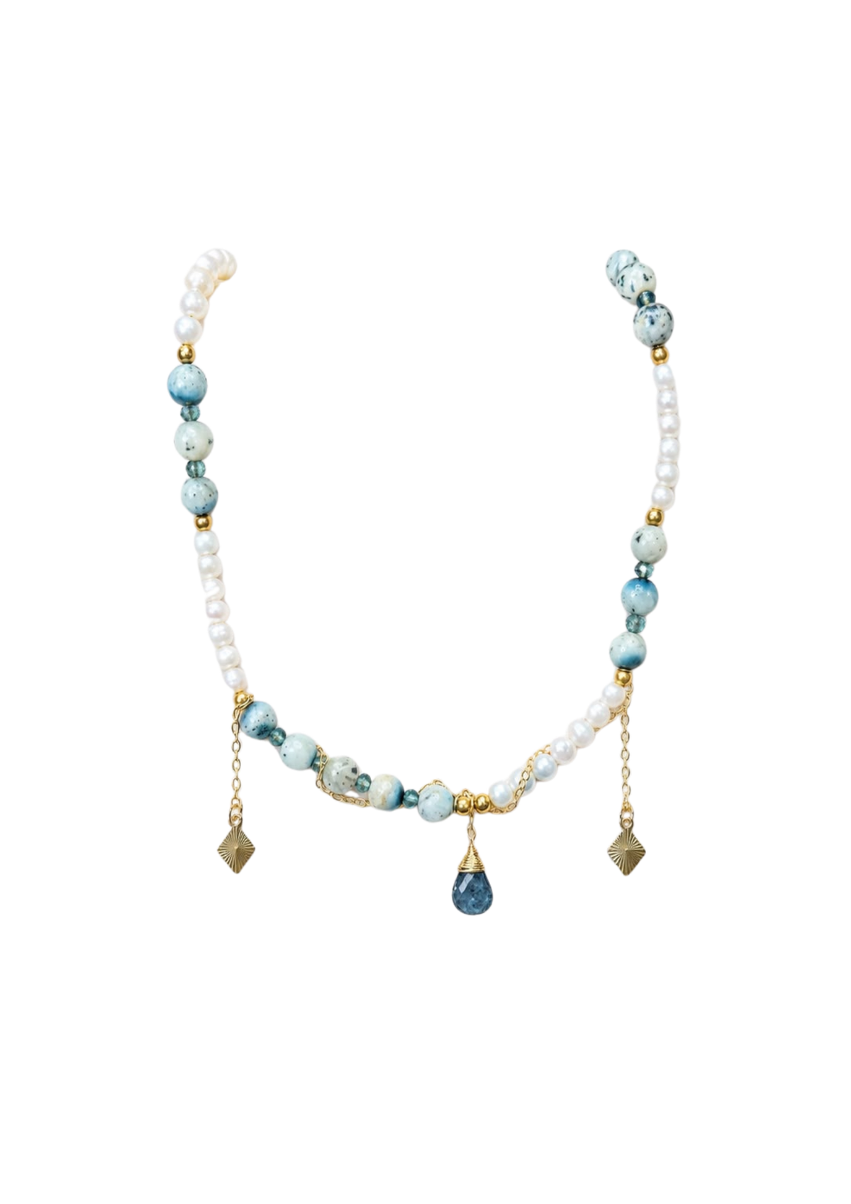 Collar Perlas y Piedras Azules con Cadena Enredada